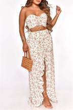 Sexy Casual Print Draw String Frenulum Backless Slit Strapless Sleeveless Two Pieces(3 Colors)