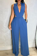 Casual Solid Hollowed Out Patchwork Turndown Collar Straight Jumpsuits