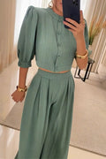 Casual Striped Pocket Buttons O Neck Half Sleeve Two Pieces
