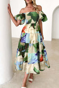 Elegant Floral Patchwork Off the Shoulder A Line Dresses