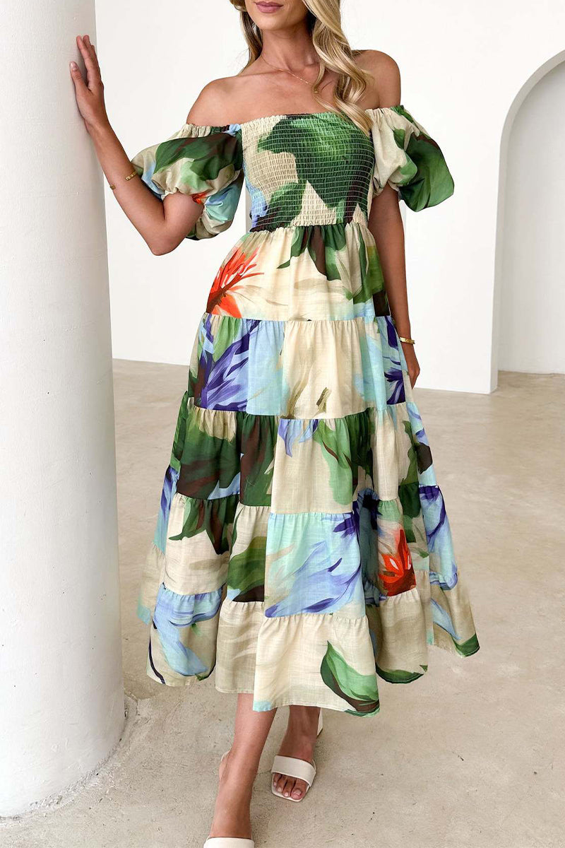 Elegant Floral Patchwork Off the Shoulder A Line Dresses