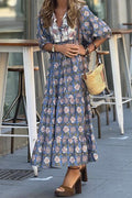 Bohemian Print Flowers Patchwork Three-dimensional Pattern Turndown Collar A Line Dresses