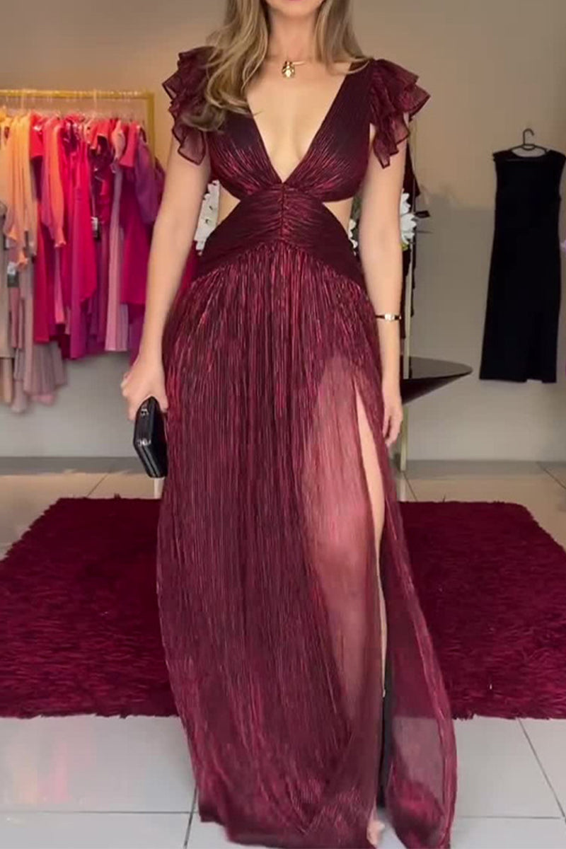Liliana Effortless Solid Color Pleated a Line Dresses with V Neck and Slit Designer Dress Edit