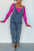 Casual Street Solid Color Distressed Pocket V Neck Sleeveless Loose Denim Jumpsuits