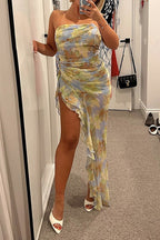 Sexy Gradient Print Lace Up Backless Hot Drill U Neck Long Dresses