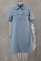 Casual Daily Solid Color Buttons Turndown Collar Short Sleeve Loose Denim Dresses