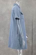 Casual Daily Solid Color Buttons Turndown Collar Short Sleeve Loose Denim Dresses