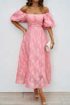 Daily Solid Color Ruched Off Shoulder Ball Gown Short Sleeve Dress