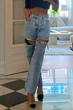 Street Solid Color Rhinestone Decor High Waist Denim Jeans