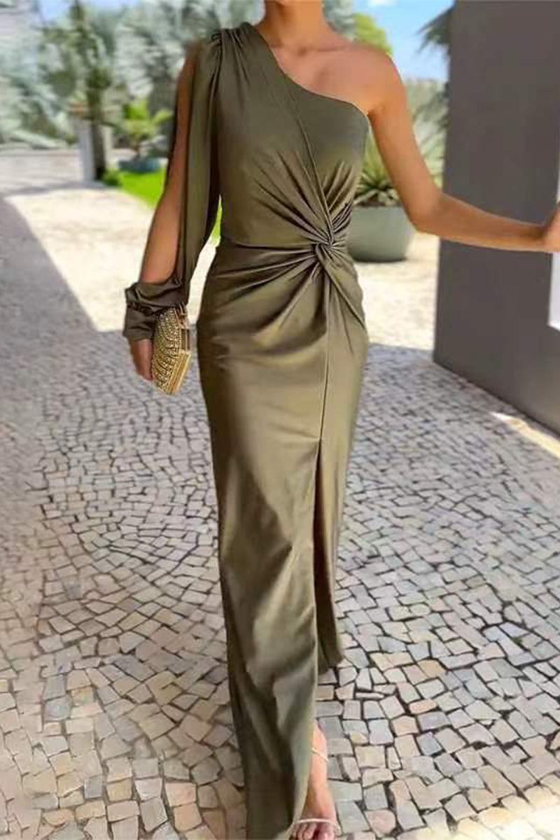 | Solid color ruched long dress with slant shoulder and slit