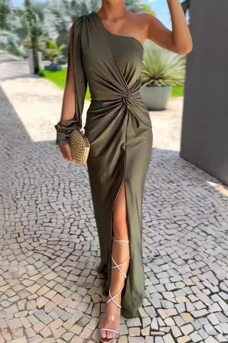 | Solid color ruched long dress with slant shoulder and slit