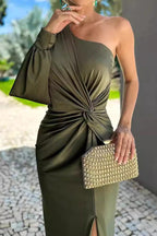 | Solid color ruched long dress with slant shoulder and slit