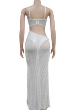 Sexy Hollow Out See-Through Backless Hot Drill Patchwork Spaghetti Strap Long Dresses