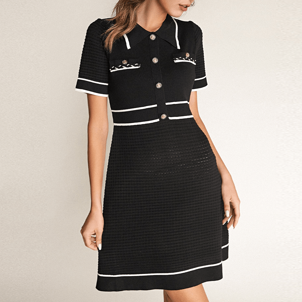 Polo Collar Button Front Contrast Trim Knit A-Line Mini Dress
