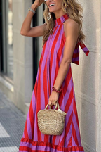 Casual Street Striped Print Lace Up Backless Contrast Halter Sleeveless Dresses