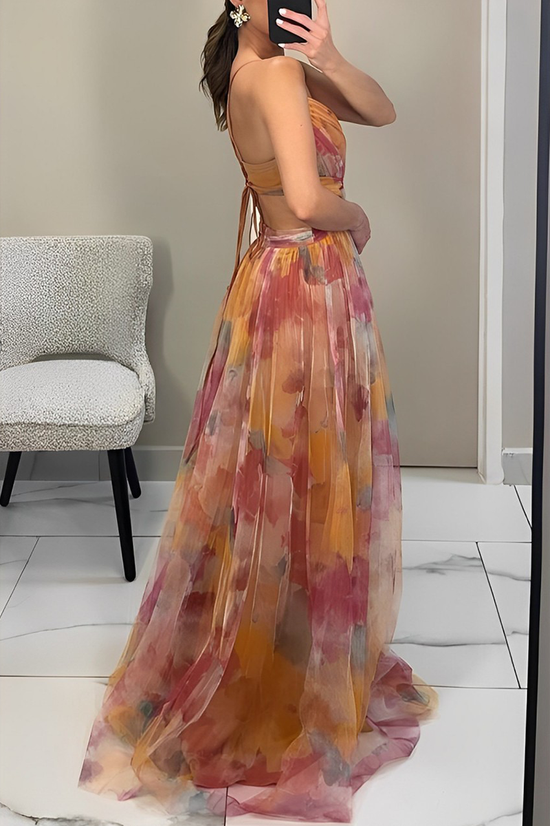 | Backless Long Dress with Gradient Print and V-Neck