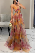 | Backless Long Dress with Gradient Print and V-Neck