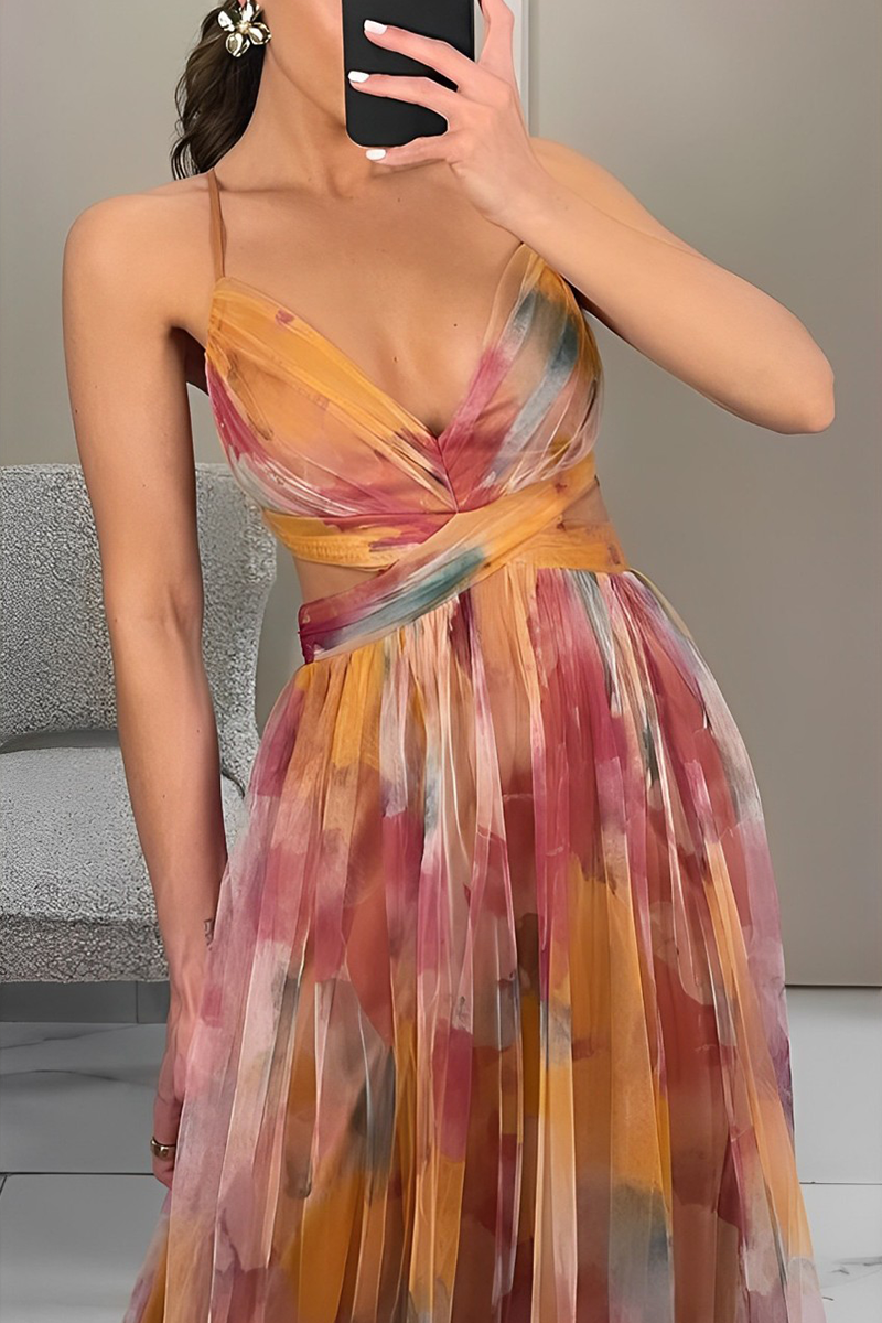 | Backless Long Dress with Gradient Print and V-Neck