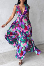 Sexy Print Lace Up Backless Deep V Neck Long Dresses