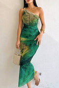 Celebrities Print Backless Patchwork Oblique Collar Long Dresses