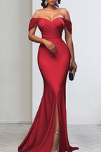 Celebrities Solid Color Backless High Slit Zipper Patchwork Off Shoulder Long Dresses(3 Colors)