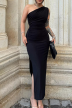 Viviana Elevated Solid Color Dresses with Slit, Slanted Collar and One Tiered Skirt Premium Wardrobe Essential