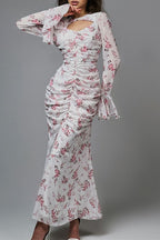 Celebrities Flowers Print Ruched O Neck One Step Skirt Dresses(3 Colors)