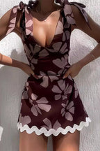Sexy Flowers Print Lace Up Patchwork V Neck Mini Dresses