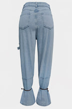 Casual Solid Color Pocket Belted Regular Denim Jeans (Subject To The Actual Object )
