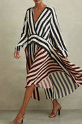 Sabrina Luxe Long Dresses with Deep V Neck and Striped Patchwork of Celebrities Everyday Edit