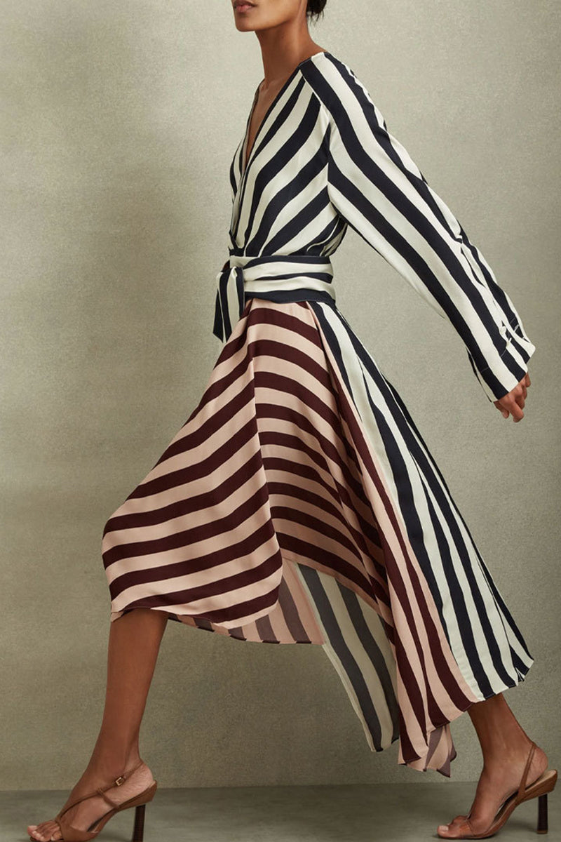 Sabrina Luxe Long Dresses with Deep V Neck and Striped Patchwork of Celebrities Everyday Edit