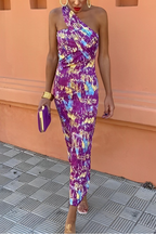 Sexy Celebrities Geometric Print Irregular Contrast Oblique Collar Sleeveless Dresses