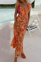 Sexy Floral Print Lace Up Backless Contrast V Neck Sleeveless Dresses