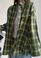 Retro Plaid Loose Shirt - Lapels, Long Sleeve with Pocket