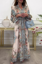 Mercedes Boutique Floral Print a Line Dresses with Buckle and V Neck Evening Wear Edit