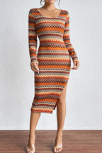 Elegant Plaid Striped Print Slit O Neck A Line Dresses