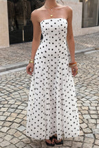 Strapless Polka Dot Paneled Slit Maxi Dress