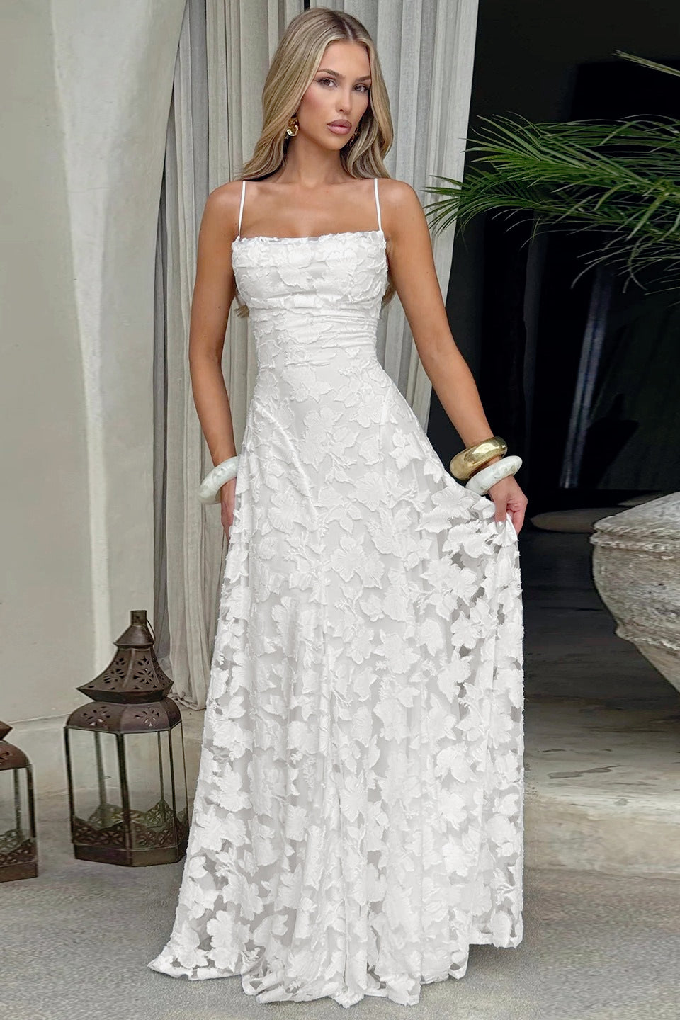 3D Floral Lace Applique Square Neck Spaghetti Strap A-Line Maxi Gown
