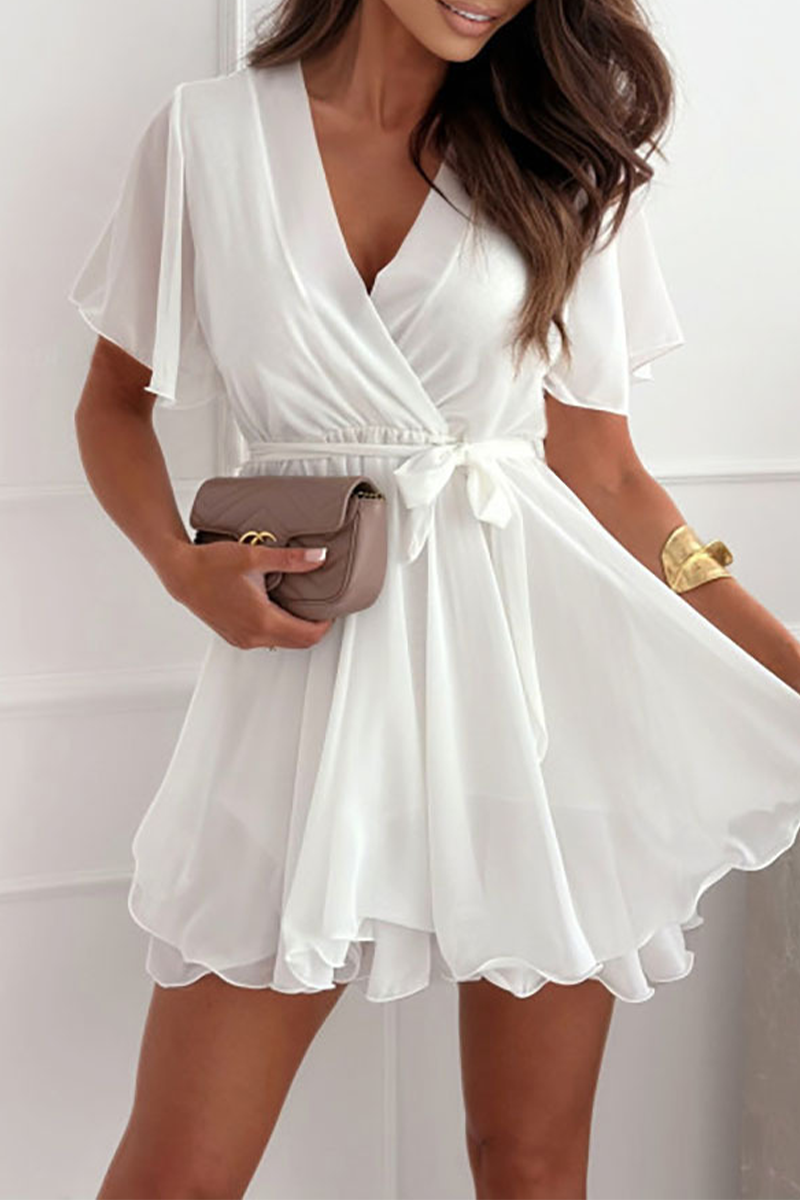 Zinnia Exclusive Dress with Ruffles and Lacing, V Neck Elevated Occasion Wear