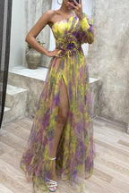 Elegant Floral Patchwork Oblique Collar Printed Dress Dresses(3 Colors)