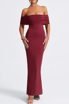 Celebrities Solid Color Hollow Out Patchwork Backless Ruched Off Shoulder Long Dresses
