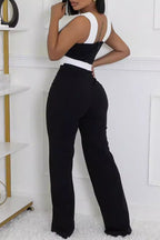 Casual Hollow Out Patchwork Backless V Neck Regular Jumpsuits