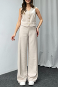 Casual Solid Color Buttons V Neck Sleeveless Two Pieces(4 Colors)