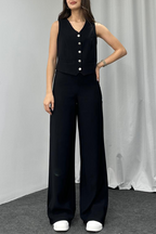 Casual Solid Color Buttons V Neck Sleeveless Two Pieces(4 Colors)
