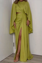 Casual Solid Color Hollow Out Slit Ruched Irregular O Neck Irregular Dresses