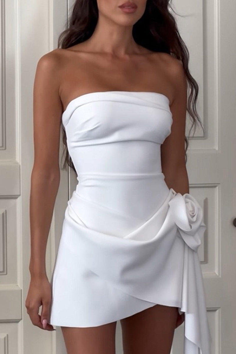Elizabeth Premium Solid Color Ruched Floral Strapless Dresses Designer Dress Edit