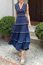 Linda Boutique Solid Color Sleeveless Patchwork Dresses with Fringe Trim and V Neck Dress Collection