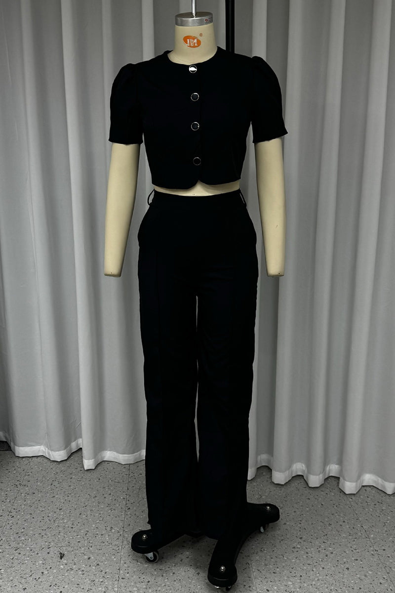 Casual Street Pocket Buttons Without Belt O Neck Short Sleeve Two Pieces(No Belt)