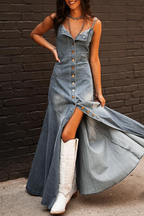 Sexy Street Solid Color Buckle Square Neck Sleeveless Regular Denim Dresses