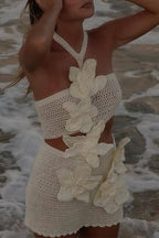 Sexy Vacation Solid Color Weave Flower Shape Halter Beach Dresses